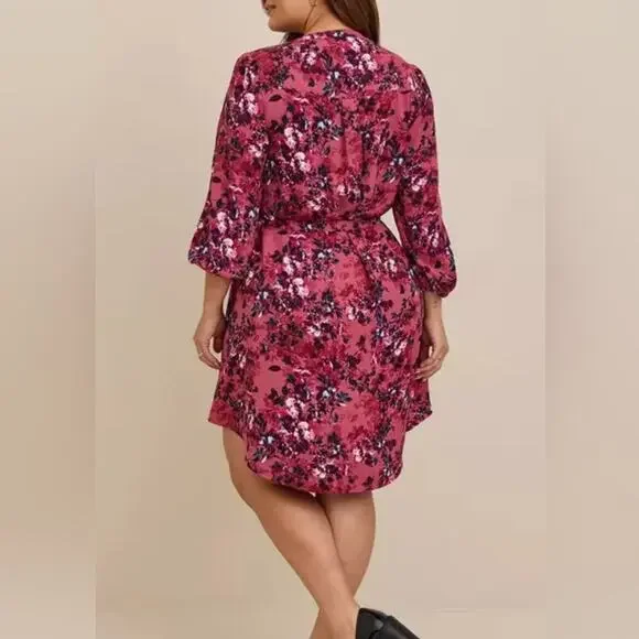 Torrid Pink Mini Studio Crepe de Chine Shirt Dress - Floral Purple Pink - EUC 2X - Picture 4 of 6
